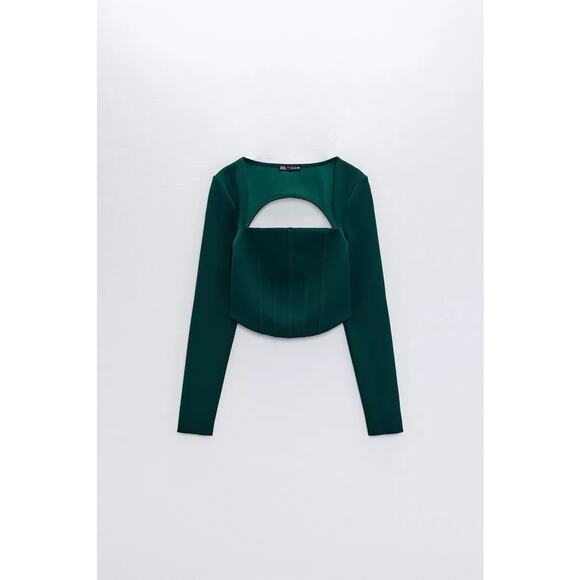 Zara Green Long Sleeve Cutout Back Square Neck Bustier Corset Crop Top Size M - Picture 5 of 8